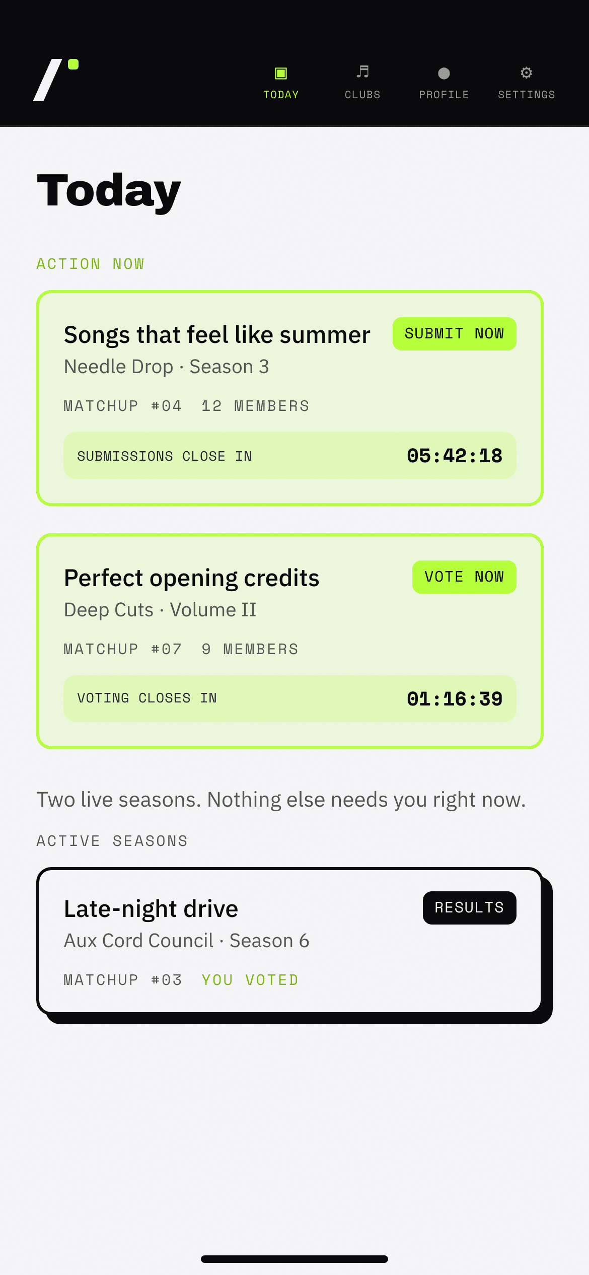 Cut Club Today screen with submission and voting actions